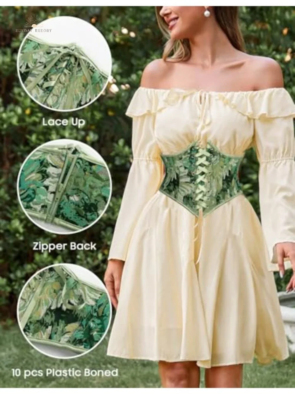Floral Lace-Up Underbust Corset Belt with Back Zip and Plastic Boning for